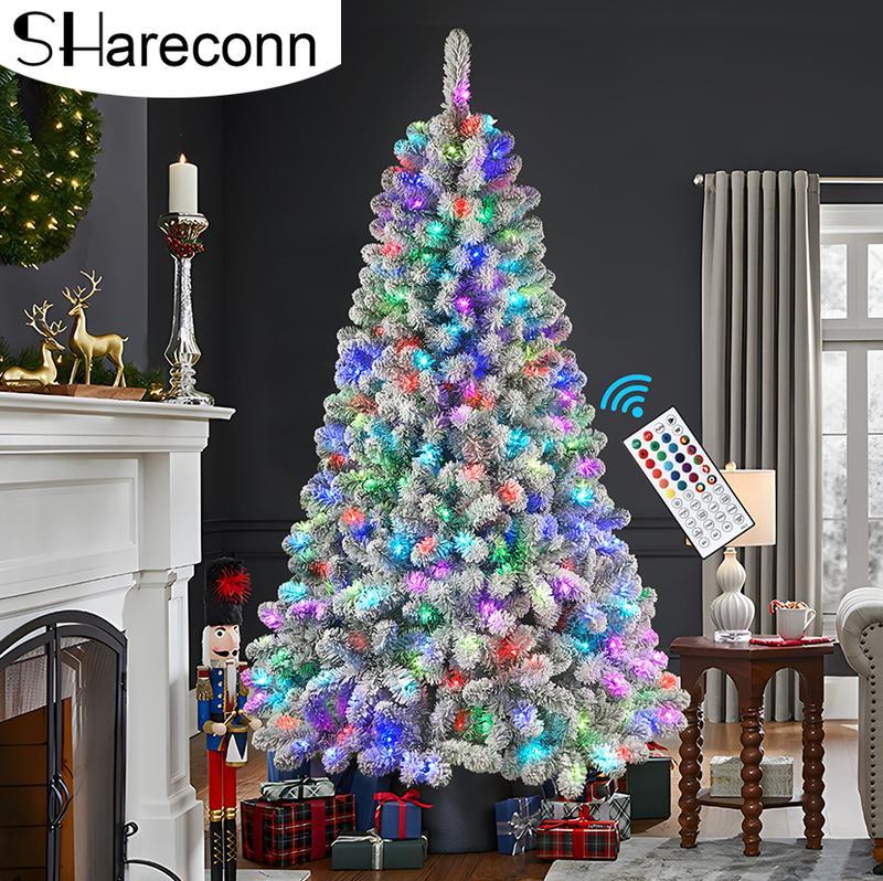 Live Only SHareconn 2024 Pre-Lit Snow Flocked RGB Lights Christmas Tree, 4 5 6 7.5FT with Remote Control, Multi-Color Lights, Xmas Decor