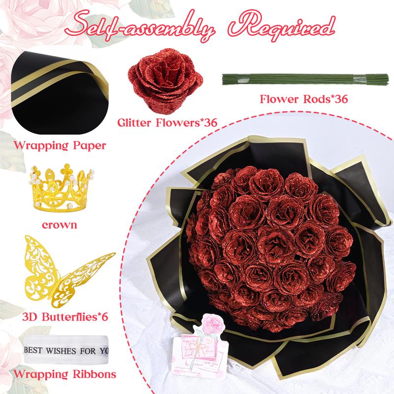 DIY Glitter Roses Bouquet, DIY Fake Glitter Flowers Bouquet, Ornaments, Christmas Glitter Roses Everlasting Shiny Artificial Red Pink Black Blue Purple Rose Bouquet, Anniversary, Engagement, Wedding,Gifts for Women, 24 36 Roses，Black Friday Deal.