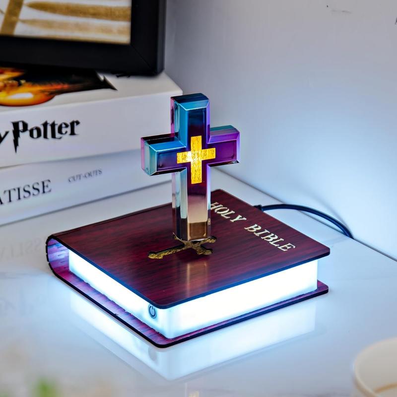 Levitating Cross Lamp Floating Bible Night Light Colorful Magnetic Levitation Cross Ornament Glowing Cross Light Home Desk Decoration