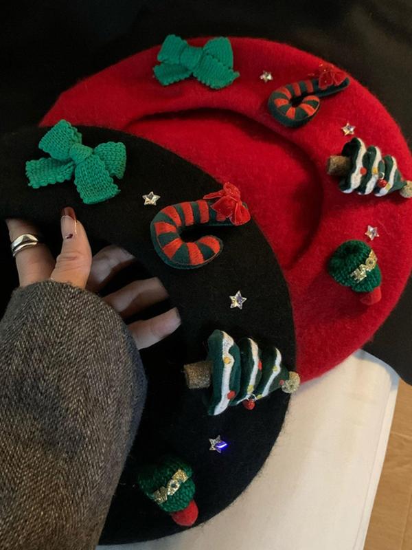 Cute Christmas Themed Patched Design Beret, Fashionable Soft Comfortable Beret for Women & Girls, Casual Trendy Accessories for Party & Daily Clothing Decor