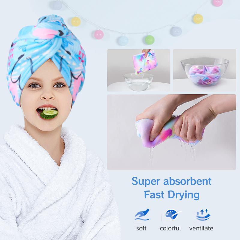 Hair Towel Wrap with Button, 2pcs set Cute Cartoon Pattern Hair Drying Towel, Water Absorbent Hair Towel for Kids