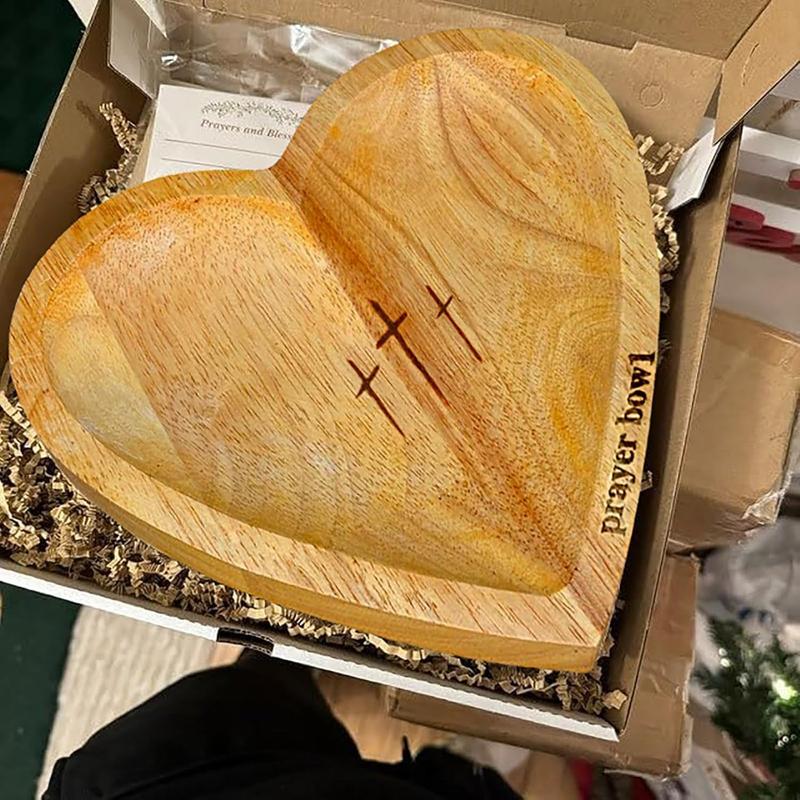 Wooden Prayer Bowl with a Cross Heart-Shaped Decorative Bowl, Ideal Gift for Christian congregations, bedroom living room decoration, Christmas gifts