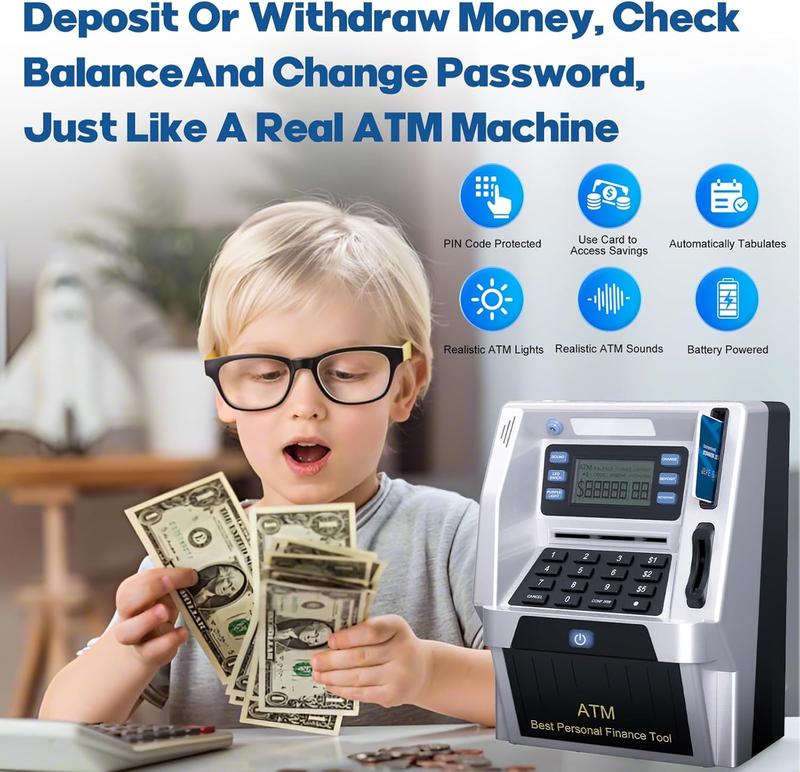 Upgraded ATM Piggy Bank for Kids, ATM Bank Machine for Real Money with Debit Card, Bill Feeder, Coin Recognition, Balance Calculator, Electronic Saving Safe Machine Box for Boys Girls Gift