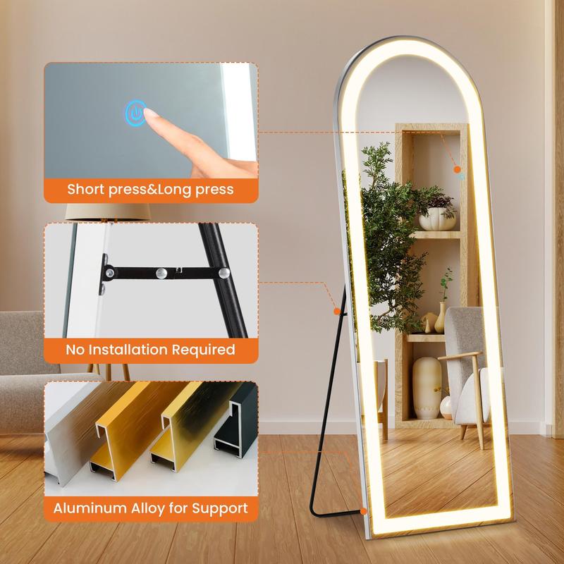 [LIVE] Arched Full Length Mirror, LED Full Body Mirror Lighted Floor Wall Mounted & Dressing Vanity Mirrors, Dimming & 3 Color Modes Glass Durable