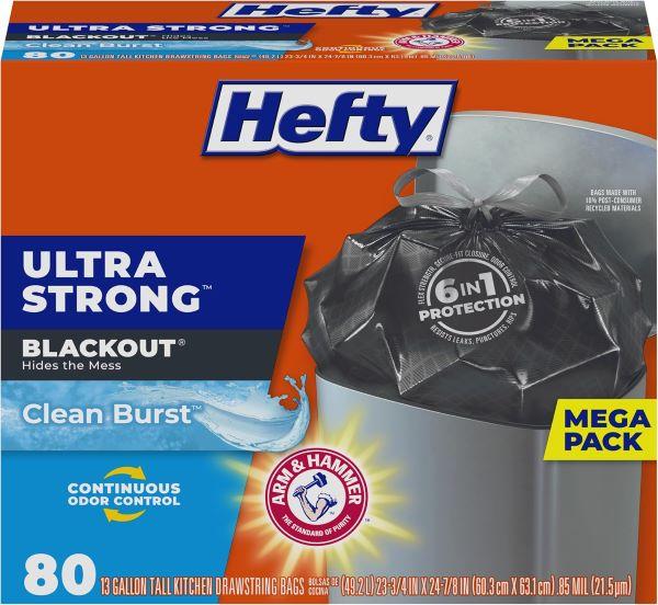 13 Gallon Trash Bags, Break Resistant Drawstring Enclosure, Continuous Odor Control, Blackout, Clean Burst Scent, 80 Bags