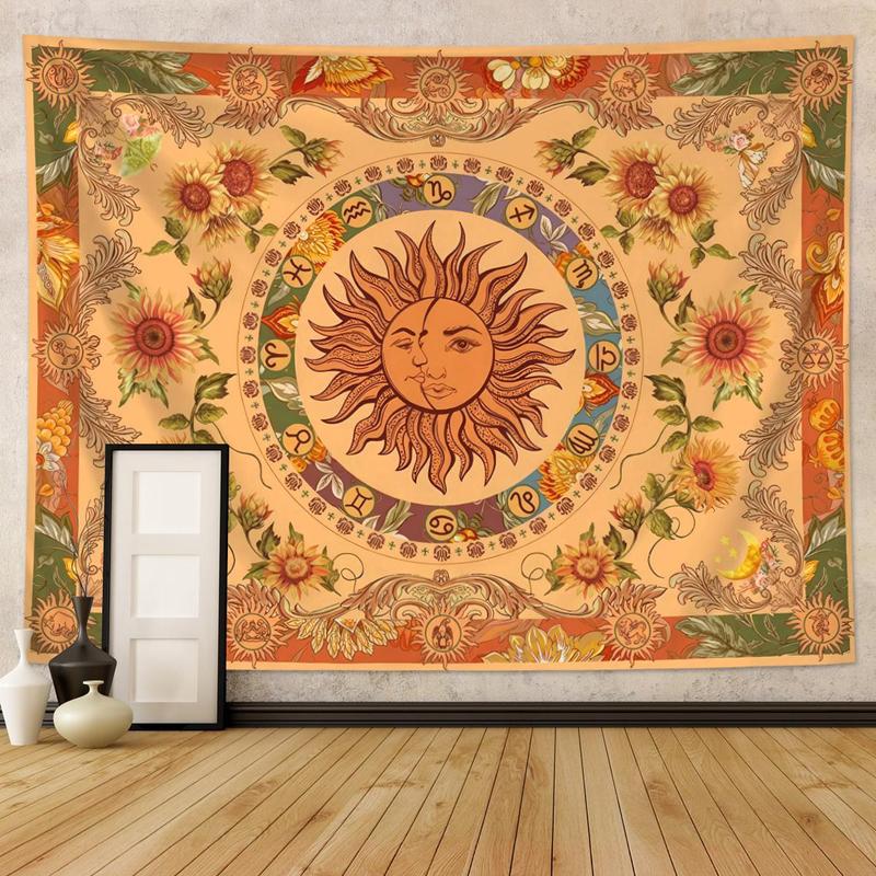 Sun & Moon Pattern Tapestry, 1 Count Retro Ethnic Wave Simia Tapestry,  Aesthetic Wall Hanging for Bedroom Dormitory Living Room Office Decor