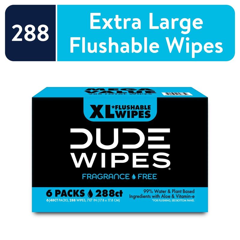 DUDE Wipes Unscented XL Flushable Wipes, 6 Flip-Top Packs Case, 48 Wipes per Pack, 288 Total Wipes Toilet Aloe Vera