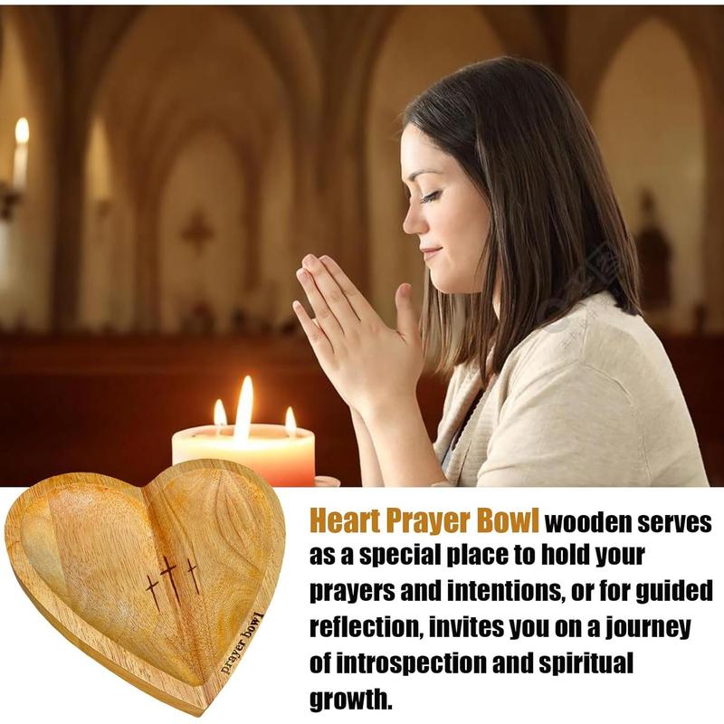 Wooden Prayer Bowl with a Cross Heart-Shaped Decorative Bowl, Ideal Gift for Christian congregations, bedroom living room decoration, Christmas gifts