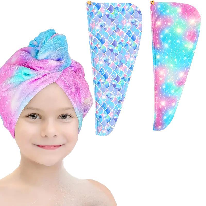 Hair Towel Wrap with Button, 2pcs set Cute Cartoon Pattern Hair Drying Towel, Water Absorbent Hair Towel for Kids