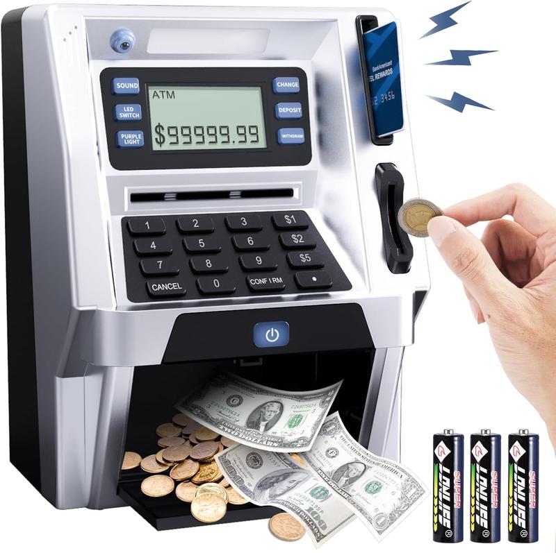 Upgraded ATM Piggy Bank for Kids, ATM Bank Machine for Real Money with Debit Card, Bill Feeder, Coin Recognition, Balance Calculator, Electronic Saving Safe Machine Box for Boys Girls Gift