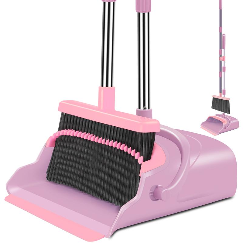 kelamayi broom and dustpan set (pink) with dustpan teeth, a must-have for household use, upright broom + dustpan for indoor and outdoor cleaning