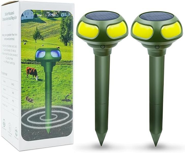 2 PCS Ultrasonic Mole Repellent, 4 Modes Solar Powered Mole Repellent, Outdoor Waterproof Animals Repellent for Get Rid of Mole, Gopher, Snakes, Vole and Other Underground Pests for Yard Garden Lawn