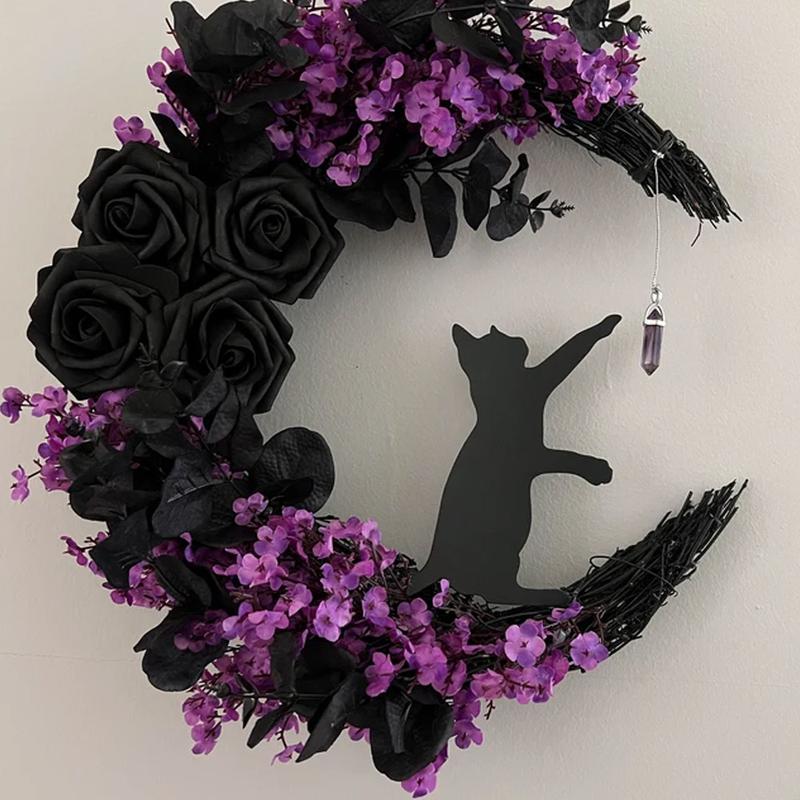 Cat Moon Wreath With Lights - Gothic Purple Decor with Crystal Accent & Black Cat, Black Cat Decor, Crystal Moon Wreath, Wooden Door Hanger, Fairy, Witchy Wall Decor