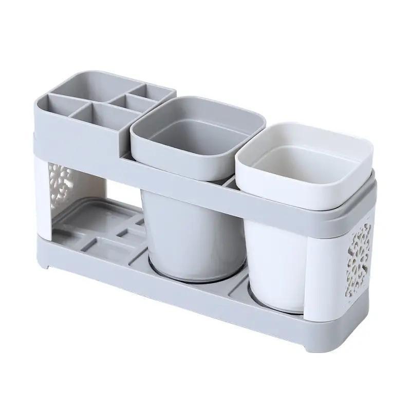 1 Set Bathroom Multi-grid Toothbrush Holder with Two Cup, Multifunctional Mouthwash Cup for Travel, Toothpaste Storage Rack