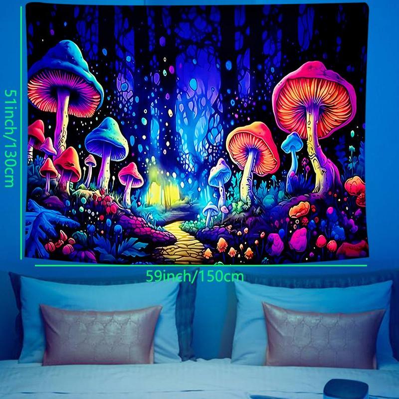 Colorful Mushroom Forest Pattern Tapestry, UV Black Light Aesthetic Tapestry, Wall Hanging Decor For Home Living Room Bedroom