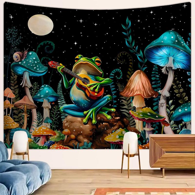 Frog & Mushroom Pattern Tapestry, 1 Count Wall Hanging Blanket with Installed Accessory, Wall Art Decor for Home Living Room Bedroom