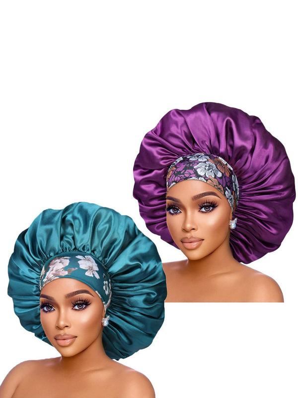 Women's Elegant Leopard & Flower Graphic Hair Bonnets, 2pcs set Trendy Soft Comfort Sleeping Bonnets, Stylish All-match Accessories for Women & Girls