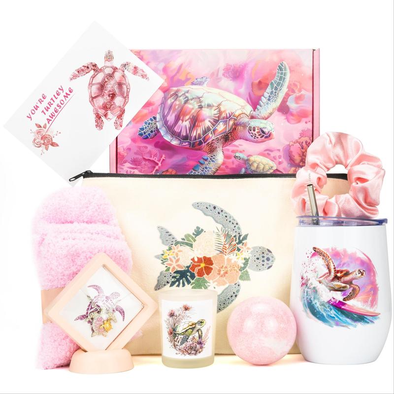 Sea Turtle Themed Gift Set, 1 Set Including Tumbler & Hair Band & Socks & Greeting Card & Necklaces & Turtle Candle & Bath Salt Ball & Gift Box, Gift for Women, Birthday Gift