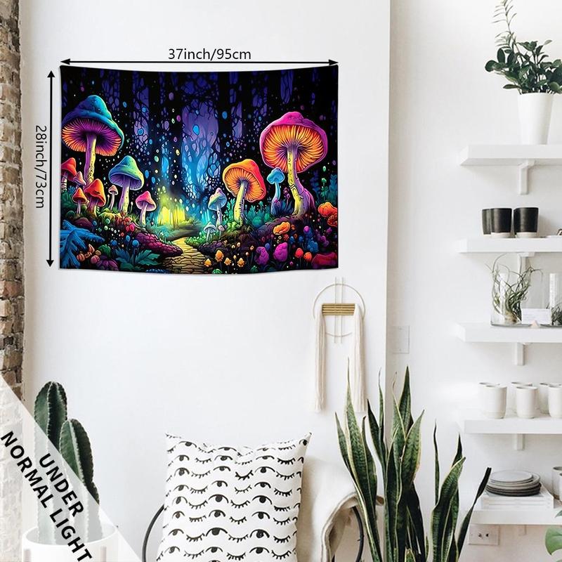 Colorful Mushroom Forest Pattern Tapestry, UV Black Light Aesthetic Tapestry, Wall Hanging Decor For Home Living Room Bedroom