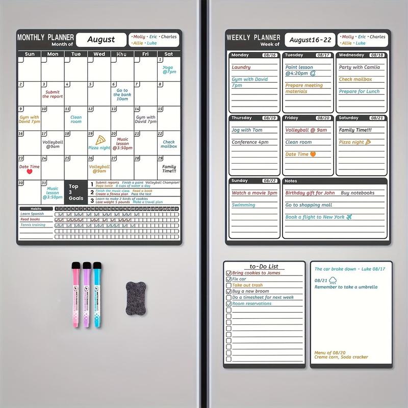 Magnetic Calendar & Planner & To Do List Board for Refrigerator, 4 Counts set Monthly & Weekly Planner Fridge Magnet Board with 3 Markers & Eraser