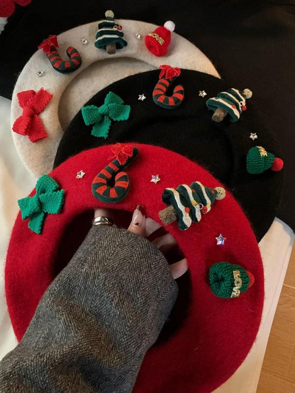 Cute Christmas Themed Patched Design Beret, Fashionable Soft Comfortable Beret for Women & Girls, Casual Trendy Accessories for Party & Daily Clothing Decor