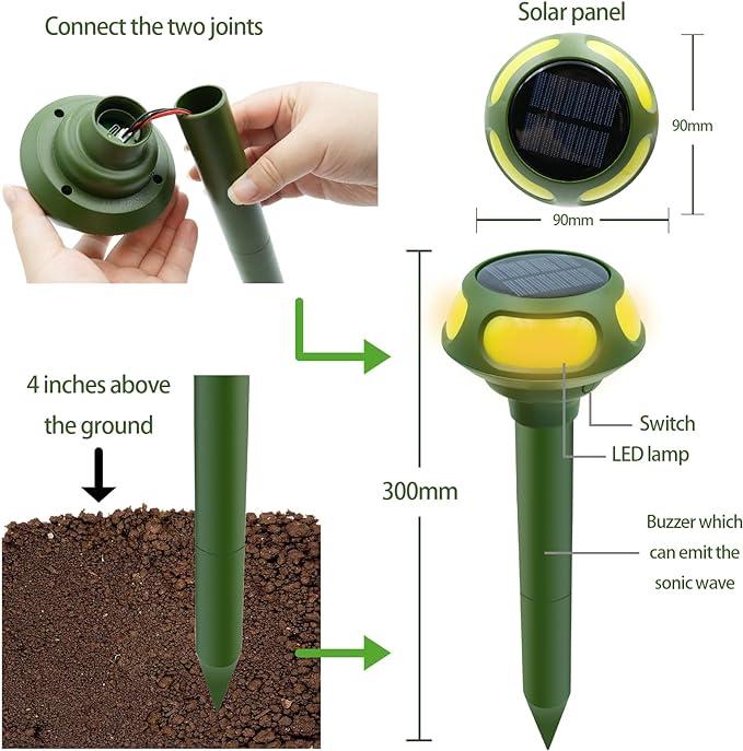 2 PCS Ultrasonic Mole Repellent, 4 Modes Solar Powered Mole Repellent, Outdoor Waterproof Animals Repellent for Get Rid of Mole, Gopher, Snakes, Vole and Other Underground Pests for Yard Garden Lawn