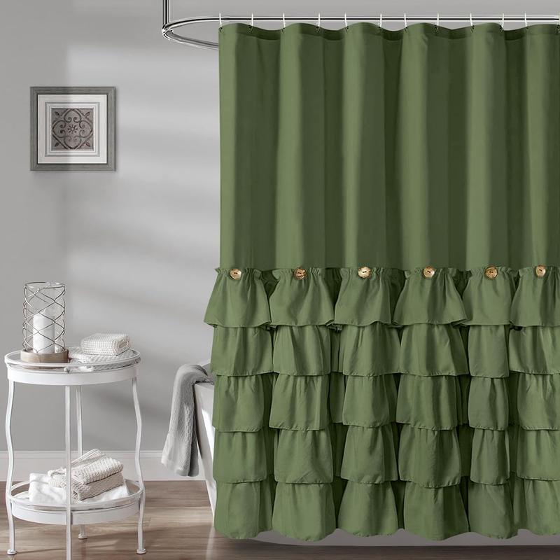 Black Ruffle Shower Curtain Farmhouse Style Black Fabric Shower Curtain Nature Button Shabby Chic Ruffles and French Country Style 72×72 (Black)