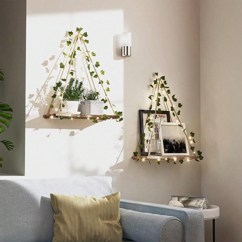 1pc Artificial Ivy LED-Strip Wall Hanging Shelves , Room Decor Aesthetic, Macrame Wood Shelf For Bedroom Bathroom Living Room, Multicolor Wooden