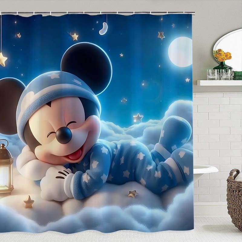 Cartoon Mickey Mouse Pattern Shower Curtain, Waterproof Shower Curtain with 12 Hooks, Bathroom Decor Supplies for Home Hotel Salon Dormitory