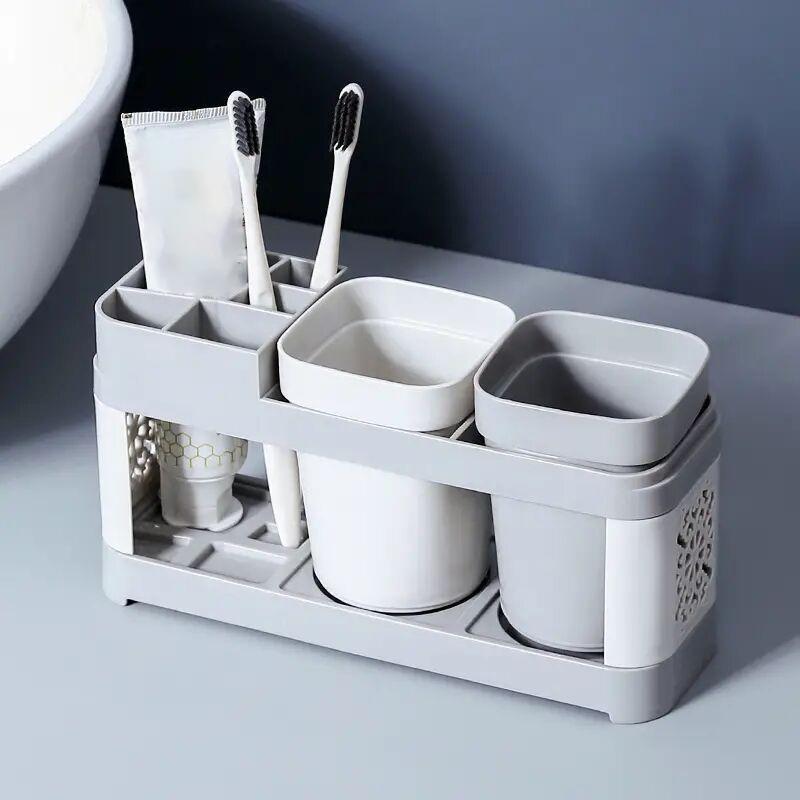 1 Set Bathroom Multi-grid Toothbrush Holder with Two Cup, Multifunctional Mouthwash Cup for Travel, Toothpaste Storage Rack