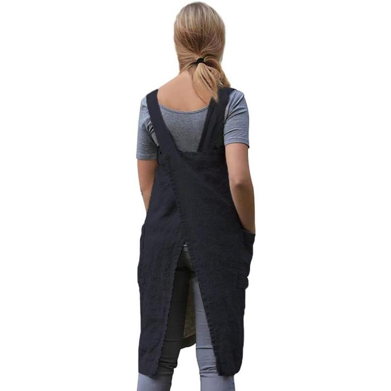 Women’s Pinafore Square Apron Baking Cooking Gardening Works Cross Back Cotton Linen Blend Dress with 2 Pockets