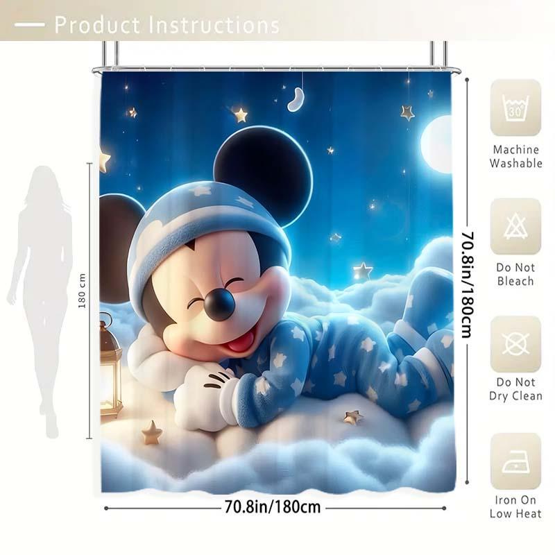 Cartoon Mickey Mouse Pattern Shower Curtain, Waterproof Shower Curtain with 12 Hooks, Bathroom Decor Supplies for Home Hotel Salon Dormitory