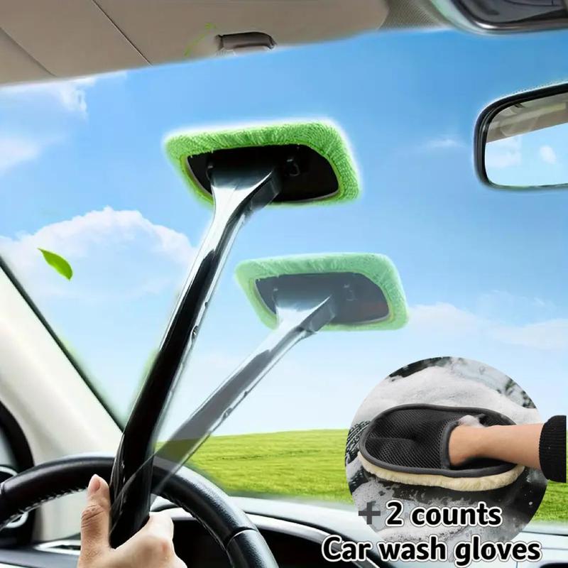 Car Window Cleaning Brush Kit, Including 2 Long Handle Windshield Brush & 2 Car Wash Gloves, Car Window Brush & Gloves Set