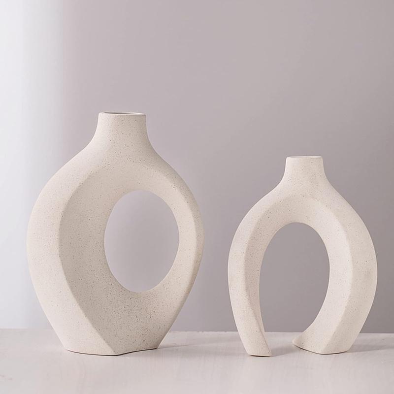 White Hollow Ceramic Vase Set of 2, Round Modern Vase for Minimalist Book Style Shelf Decor, Donut Boho Aesthetic Vases for Trendy Home Living Room Entryway Coffee Table Decorative