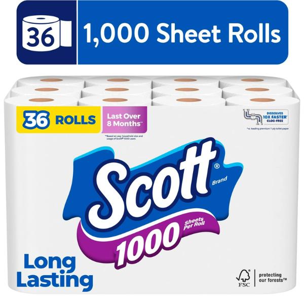 1000 Toilet Paper, 36 Rolls, 1,000 Sheets per Roll