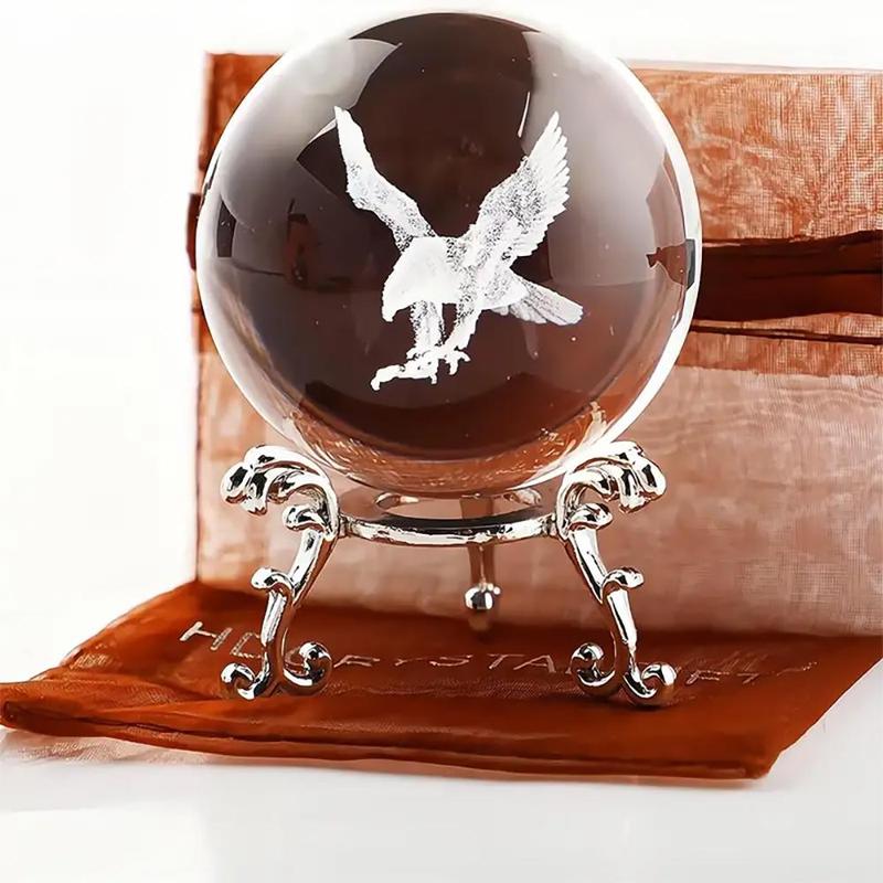 Eagle Design Glass Ball, 1 Count 3D Laser Engraved Decorative Ball with Stand, Home Decor for Living Room Bedroom