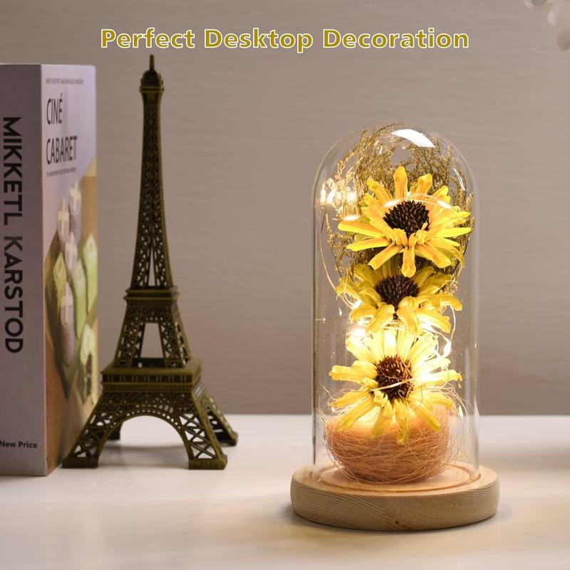 Sunflower Gifts for Women, Artificial Sunflowers in Glass Dome with LED Strip, 1PSC Sunflower Decor on Mother's Day, Valentine's Day, Christmas, Thanksgiving, Birthday (Yellow)