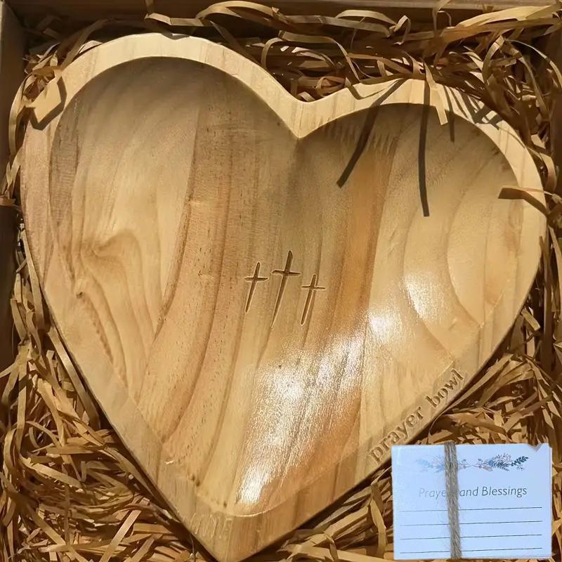 Wooden Heart Shaped Prayer Bowl, Wooden Heart Shaped Prayer Bowl with Cross Engraving, Home Decor for Living Room, Bedroom, Prayer Room