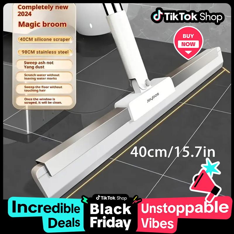 Joybos 15.75inch Long-Handle Home Silicone Floor Scraper with Squeegee and Magic Sweep for Windows, Glass, Bathrooms, Walls, and Kitchen - Suitable for Dry and Wet Environments