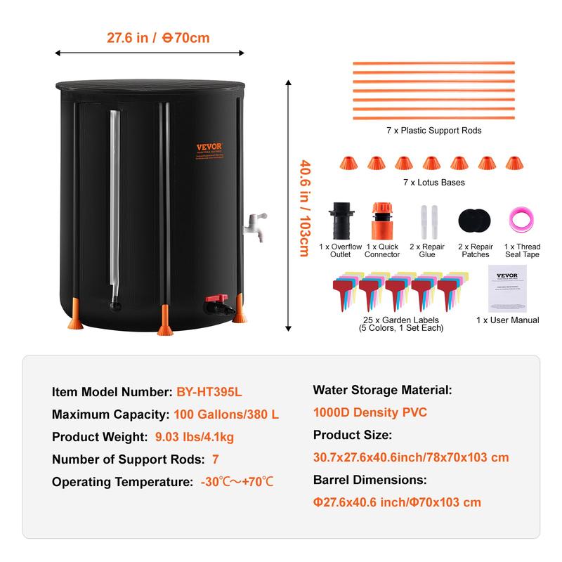 VEVOR Collapsible Rain Barrel - Upgrated Visible Water Level, 53 66 100 Gal Portable Rain Water Collection Barrel, PVC Rainwater Collection System with Spigots and Overflow Kit, Water Barrel for Garden Water Catcher Bucket