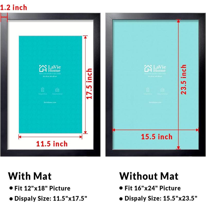 16 x 24 Picture Frame Black Poster Frame,Display Pictures 12x18 with Mat or 16x24 Without Mat, Stable and Sturdy Frame and Polished Plexiglass, Suitable for wall decoration(1 Pack)