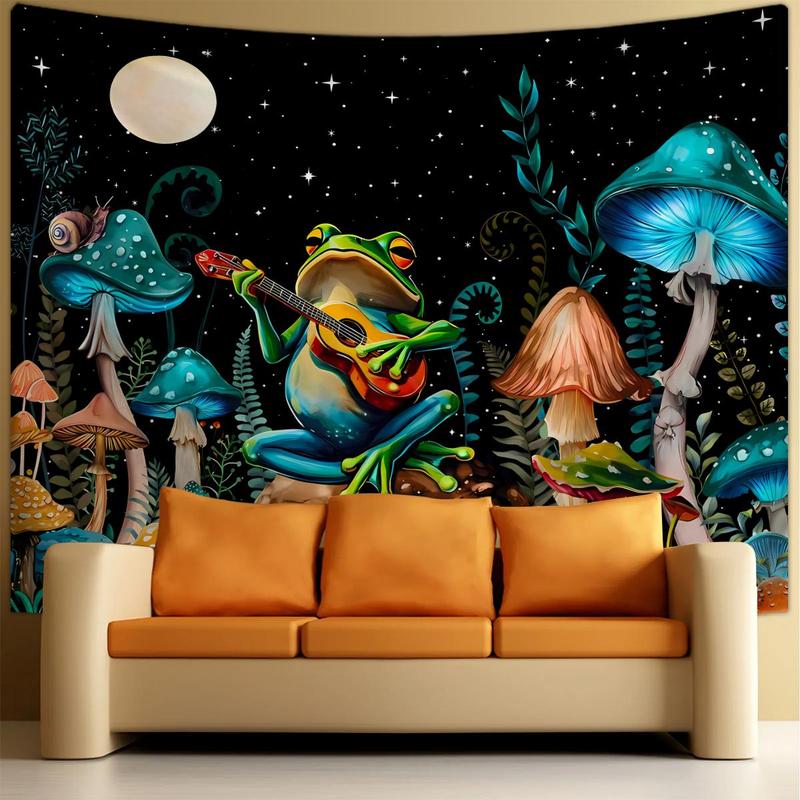 Frog & Mushroom Pattern Tapestry, 1 Count Wall Hanging Blanket with Installed Accessory, Wall Art Decor for Home Living Room Bedroom