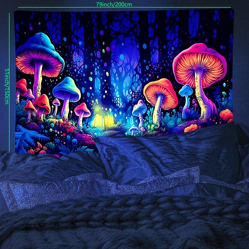 Colorful Mushroom Forest Pattern Tapestry, UV Black Light Aesthetic Tapestry, Wall Hanging Decor For Home Living Room Bedroom