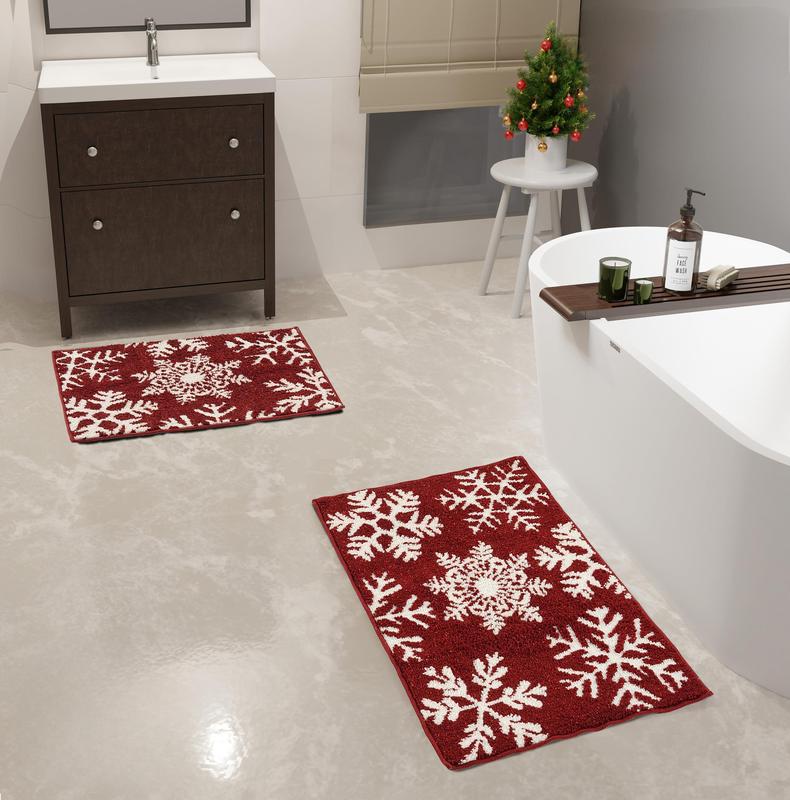 Christmas Bathroom Rugs Sets 2 Piece, Extra Soft & Absorbent, Non Slip Shower Mat, Machine Washable - Snowflake