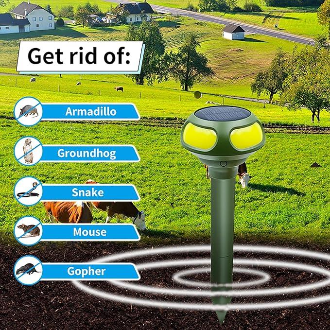 2 PCS Ultrasonic Mole Repellent, 4 Modes Solar Powered Mole Repellent, Outdoor Waterproof Animals Repellent for Get Rid of Mole, Gopher, Snakes, Vole and Other Underground Pests for Yard Garden Lawn