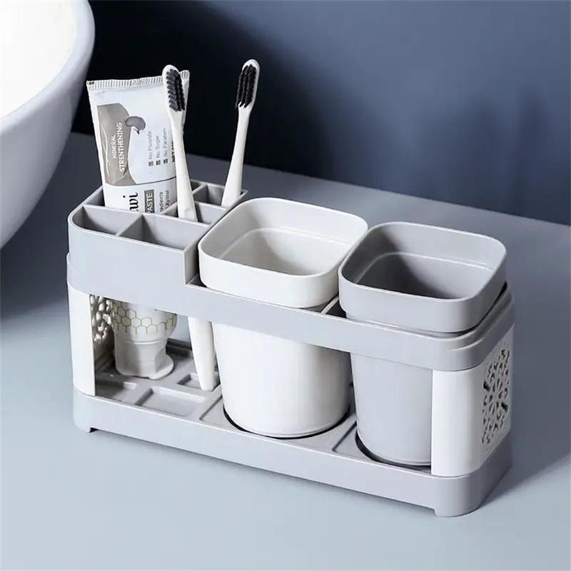 Toothbrush Holder with 2 Mouthwash Cups, 1 Count Creative Countertop Toothbrush Storage Rack, Home Organizer for Bathroom