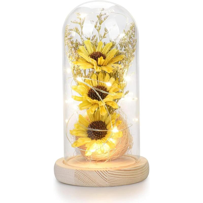 Sunflower Gifts for Women, Artificial Sunflowers in Glass Dome with LED Strip, 1PSC Sunflower Decor on Mother's Day, Valentine's Day, Christmas, Thanksgiving, Birthday (Yellow)