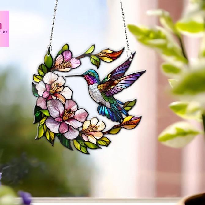 Hummingbird Among Flowers ACRYLIC window hanging, Wall Art, Acrylic Window Hanging, Mother's day gift, Humingbird lovers gift