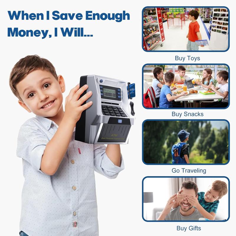 Upgraded ATM Piggy Bank for Kids, ATM Bank Machine for Real Money with Debit Card, Bill Feeder, Coin Recognition, Balance Calculator, Electronic Saving Safe Machine Box for Boys Girls Gift