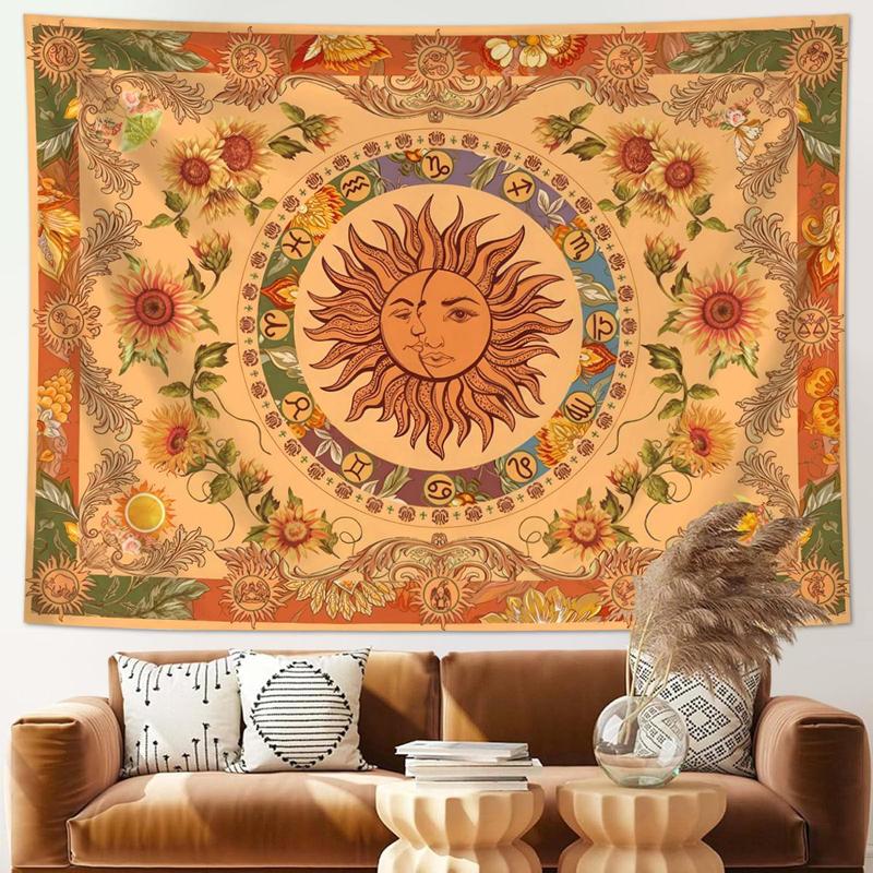 Sun & Moon Pattern Tapestry, 1 Count Retro Ethnic Wave Simia Tapestry,  Aesthetic Wall Hanging for Bedroom Dormitory Living Room Office Decor